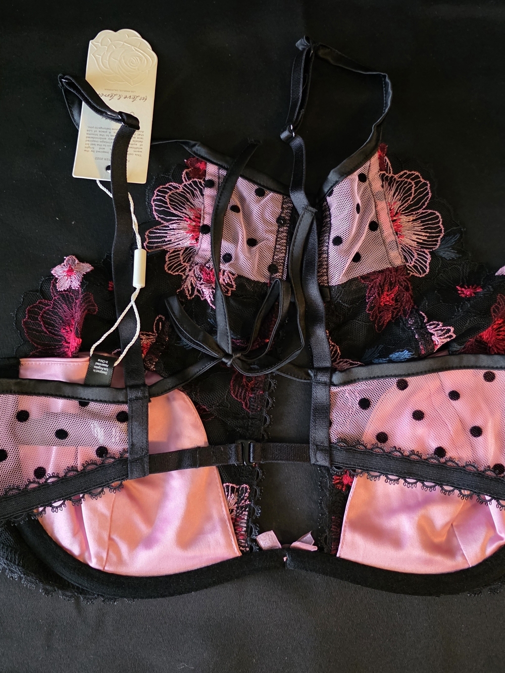 For Love And Lemons Pink and Black Floral Embroidered Underwire Bra - Picture 3 of 4